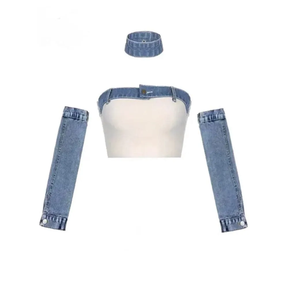 Madilynn Tube Top Denim Arm Sleeves , Choker Set