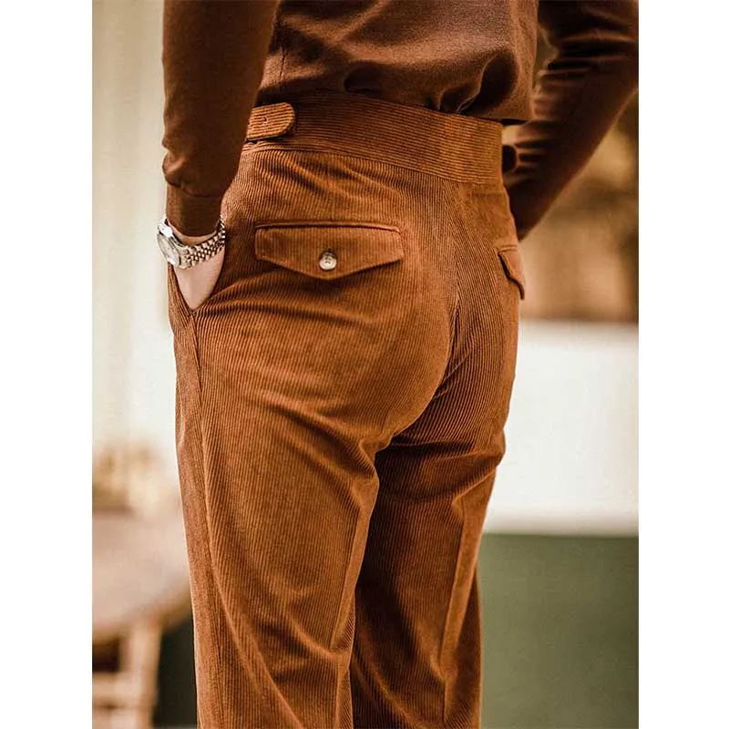 Mens Casual Corduroy High Waisted Pants Straight-leg Slim Fit Trousers