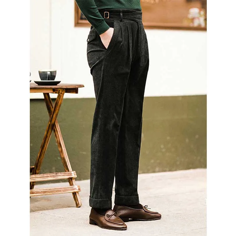 Mens Casual Corduroy High Waisted Pants Straight-leg Slim Fit Trousers