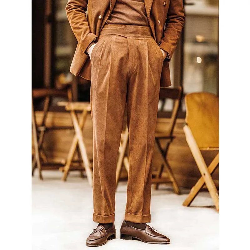 Mens Casual Corduroy High Waisted Pants Straight-leg Slim Fit Trousers