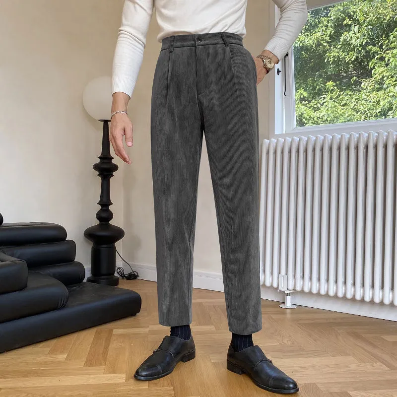 Mens Casual Slim Fit British Retro Corduroy Pants High Waisted Trousers