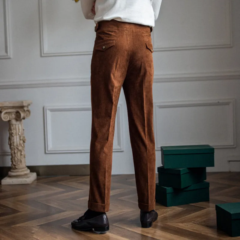 Mens Corduroy Italian Straight High Waist Pants Casual British Retro Trousers