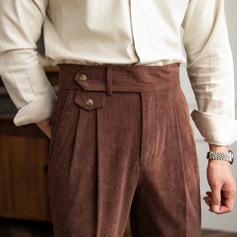 Men's Retro High Waisted Pants Retro Corduroy Pants Slim Fit Trousers