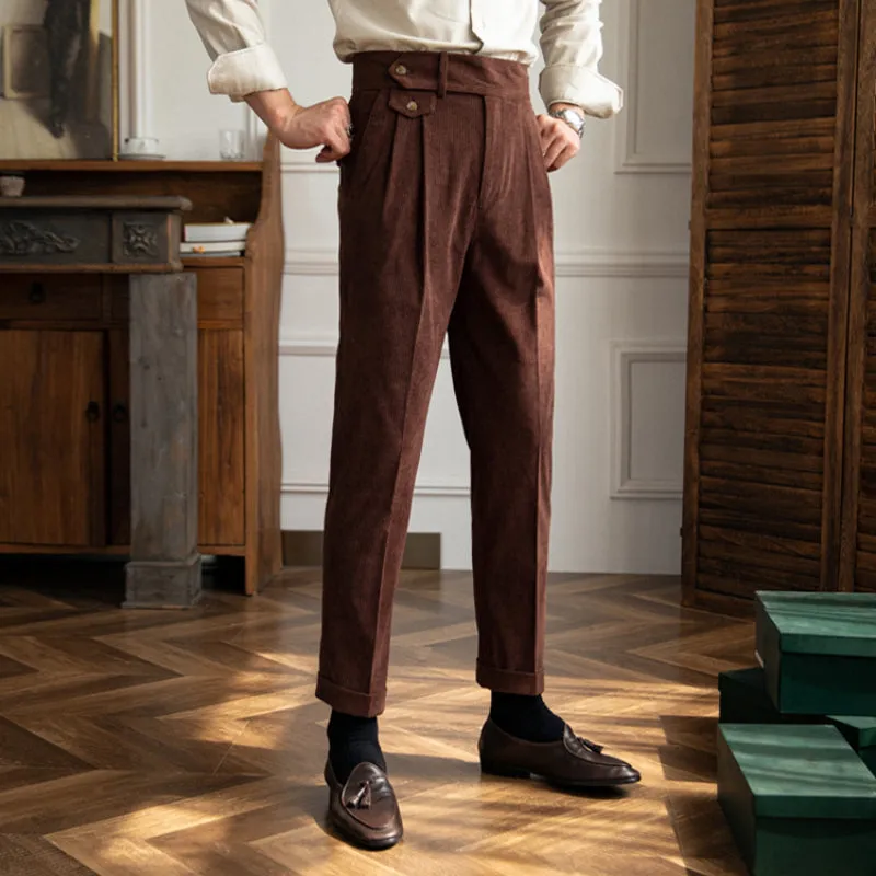 Men's Retro High Waisted Pants Retro Corduroy Pants Slim Fit Trousers