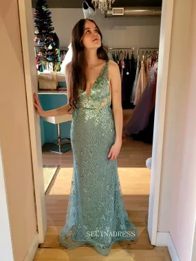 Mermaid V neck Sparkly Grey Green Prom Dress with Beading sew1066