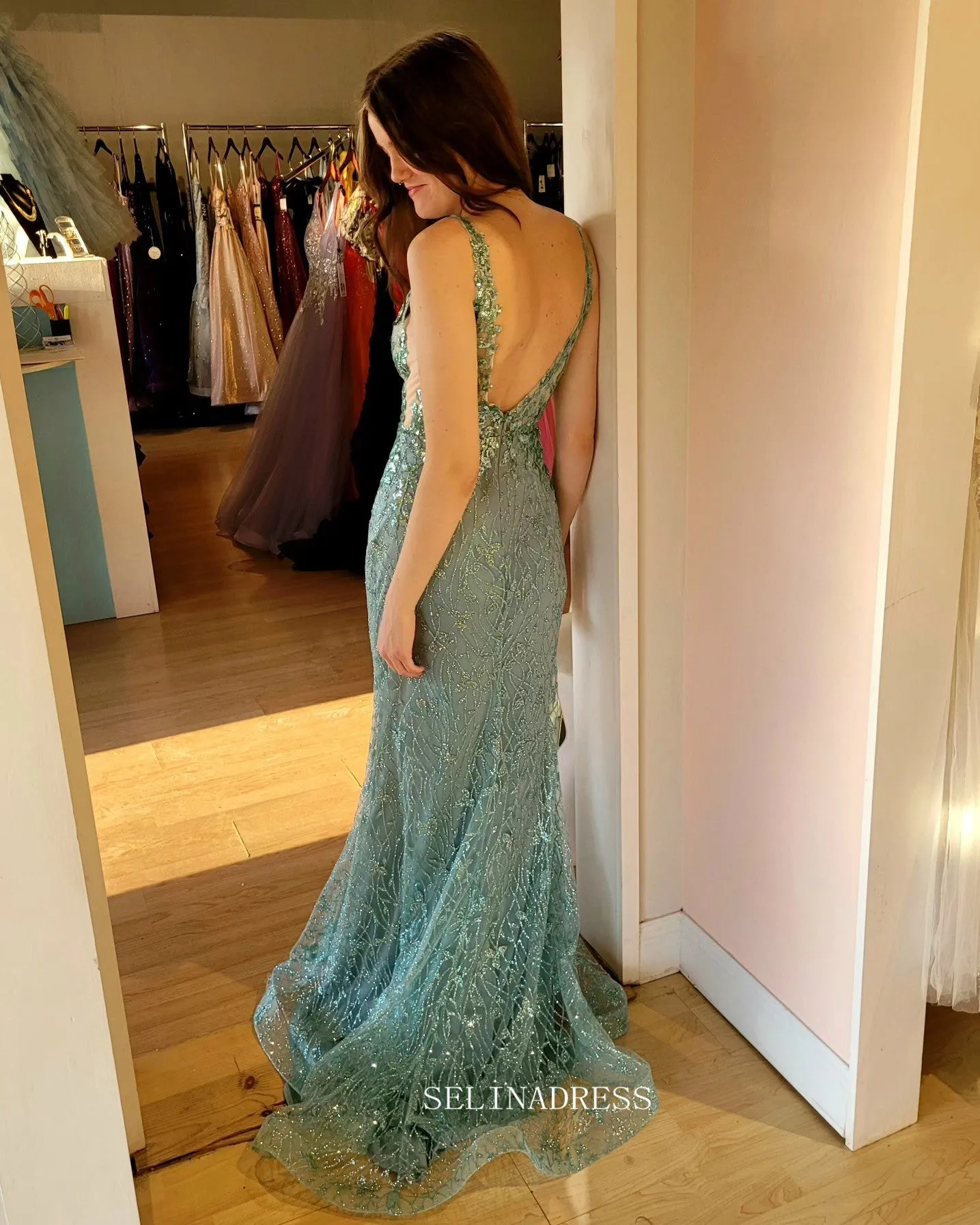 Mermaid V neck Sparkly Grey Green Prom Dress with Beading sew1066