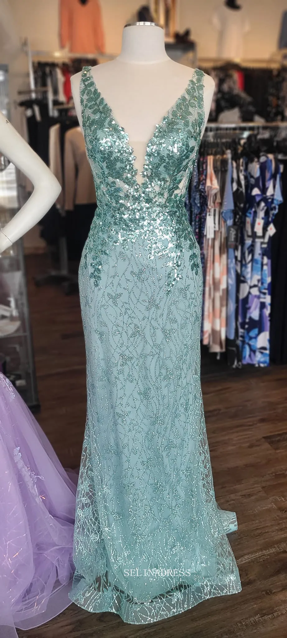 Mermaid V neck Sparkly Grey Green Prom Dress with Beading sew1066