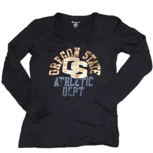 Oregon State Beavers Champion Women Black Bronze Long Sleeve V-Neck T-Shirt (M)