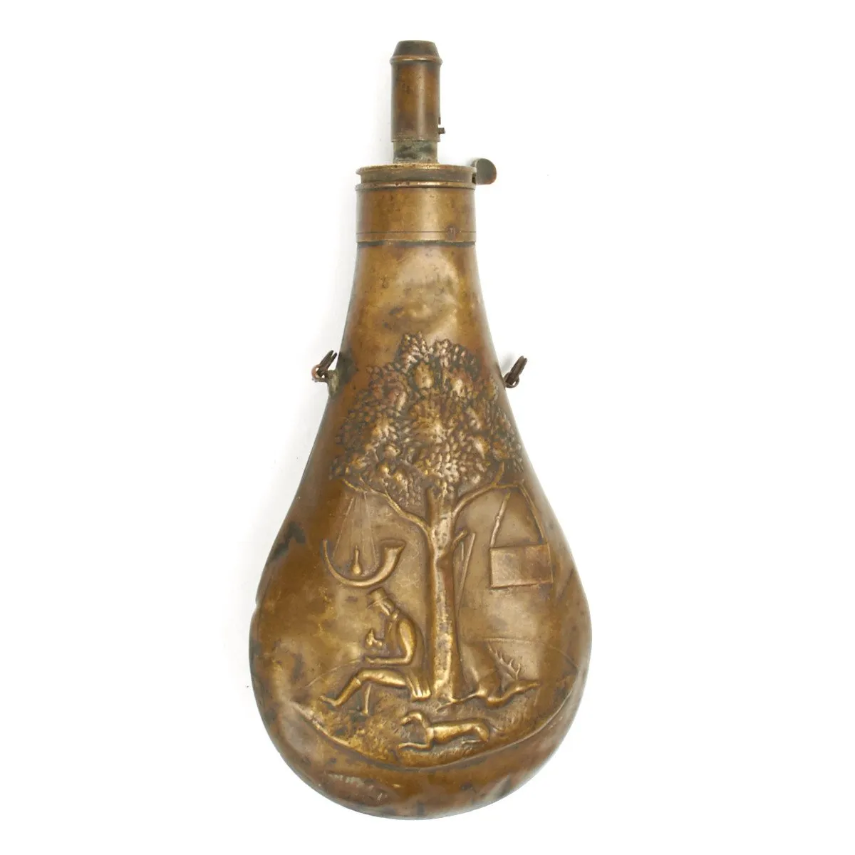 Original British Early 19th Century Brass Powder Flask with Embossed Hunting Scene