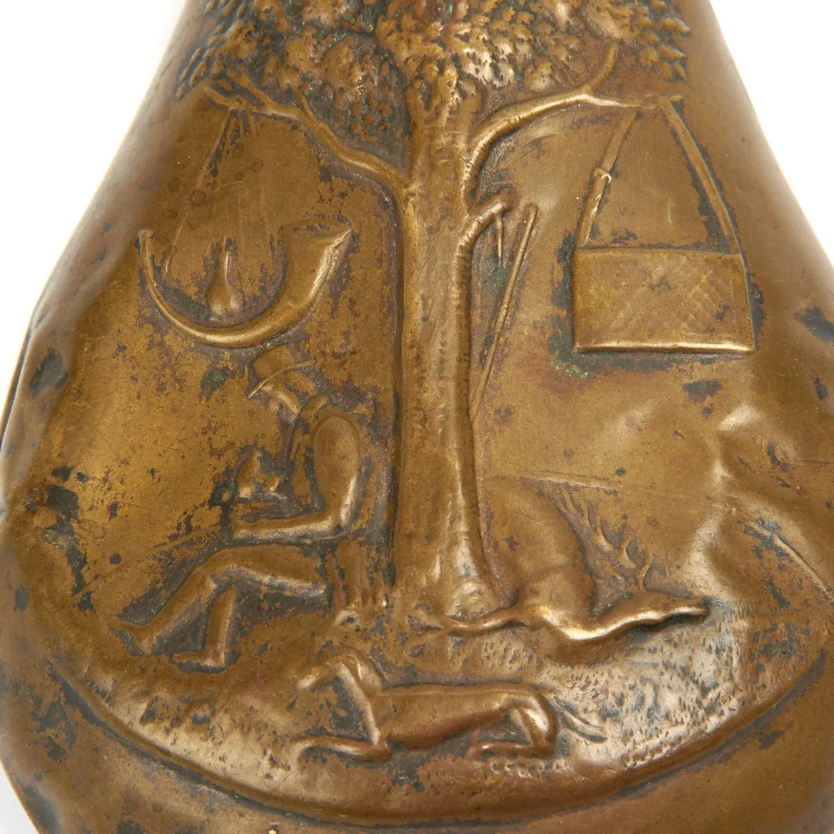 Original British Early 19th Century Brass Powder Flask with Embossed Hunting Scene