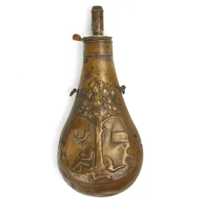 Original British Early 19th Century Brass Powder Flask with Embossed Hunting Scene