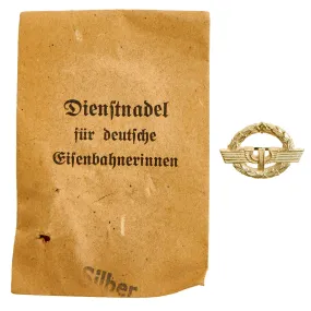 Original German WWII Deutsches Reichsbahn National Railway Silver Grade Female Staff Service Badge in Paper Packet