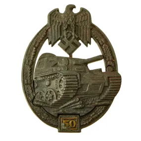 Original German WWII Special Grade 50 Action Bronze Panzer Assault Tank Badge by Gustav Brehmer of Markneukirchen