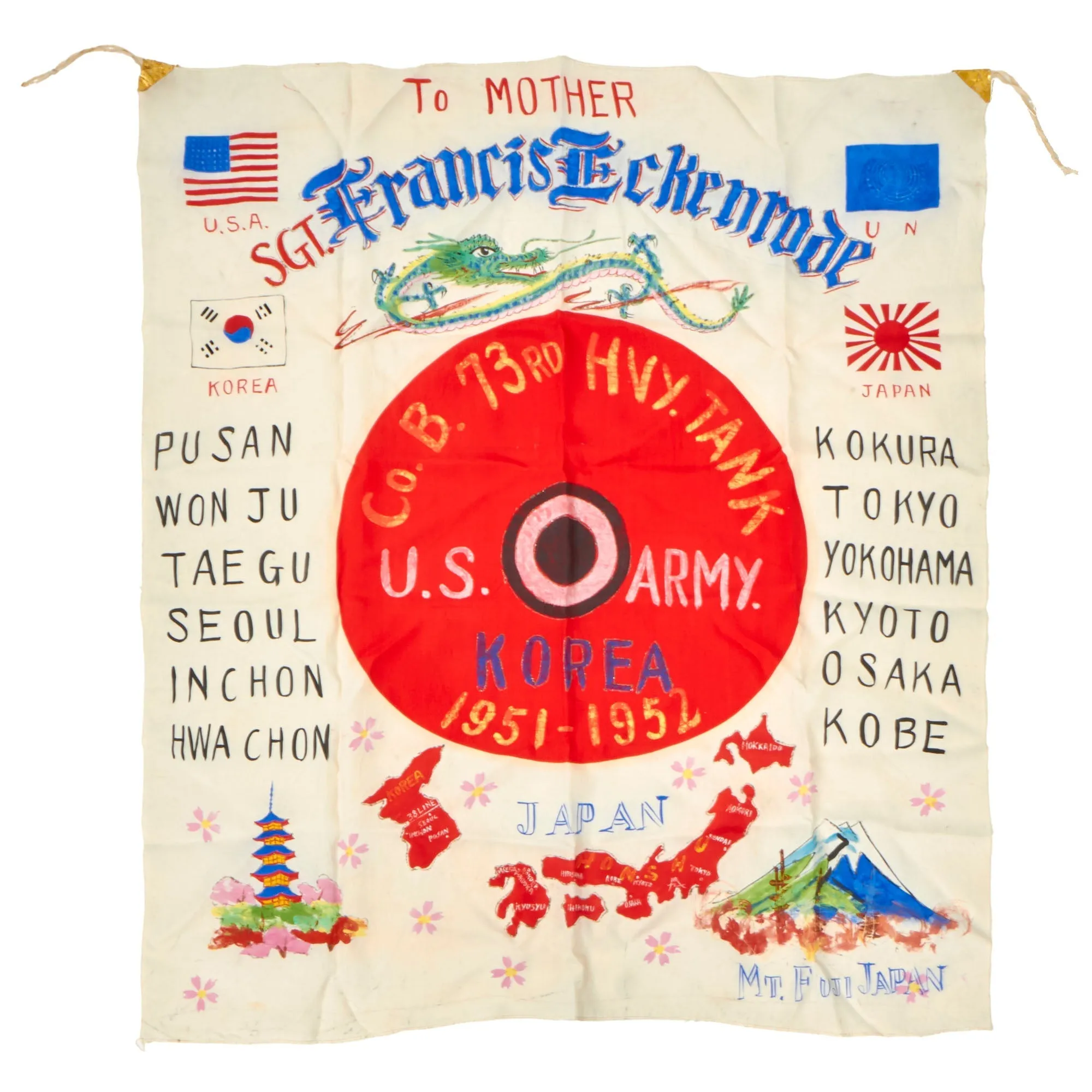 Original U.S. Korean War Named I Corps Japanese-Made Silk Souvenir Flag - 73rd Heavy Tank - Japan and Korea - Formerly Part of the A.A.F. Tank Museum