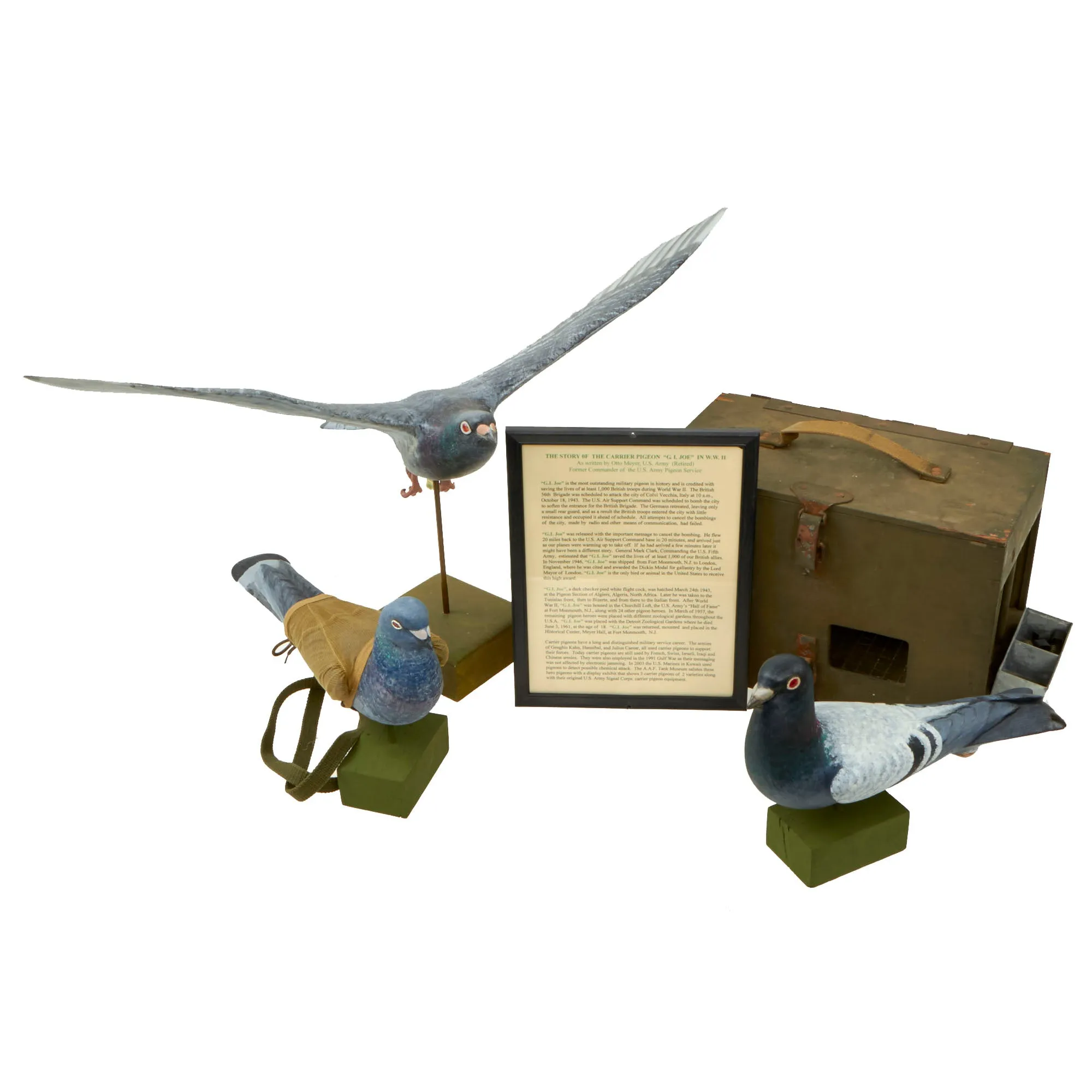 Original U.S. WWII Army Messenger Pigeon PG-102/CB Wooden Carrier with Message Books, PG-67 Message Capsules, Vest and (3) Wooden Decoys - A.A.F. Tank Museum