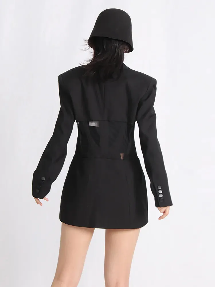 Patchwork Mesh Blazers For Women Notched Collar Long Sleeve Tunic Solid Slimming Sexy Blazer Female Fashion Clothes