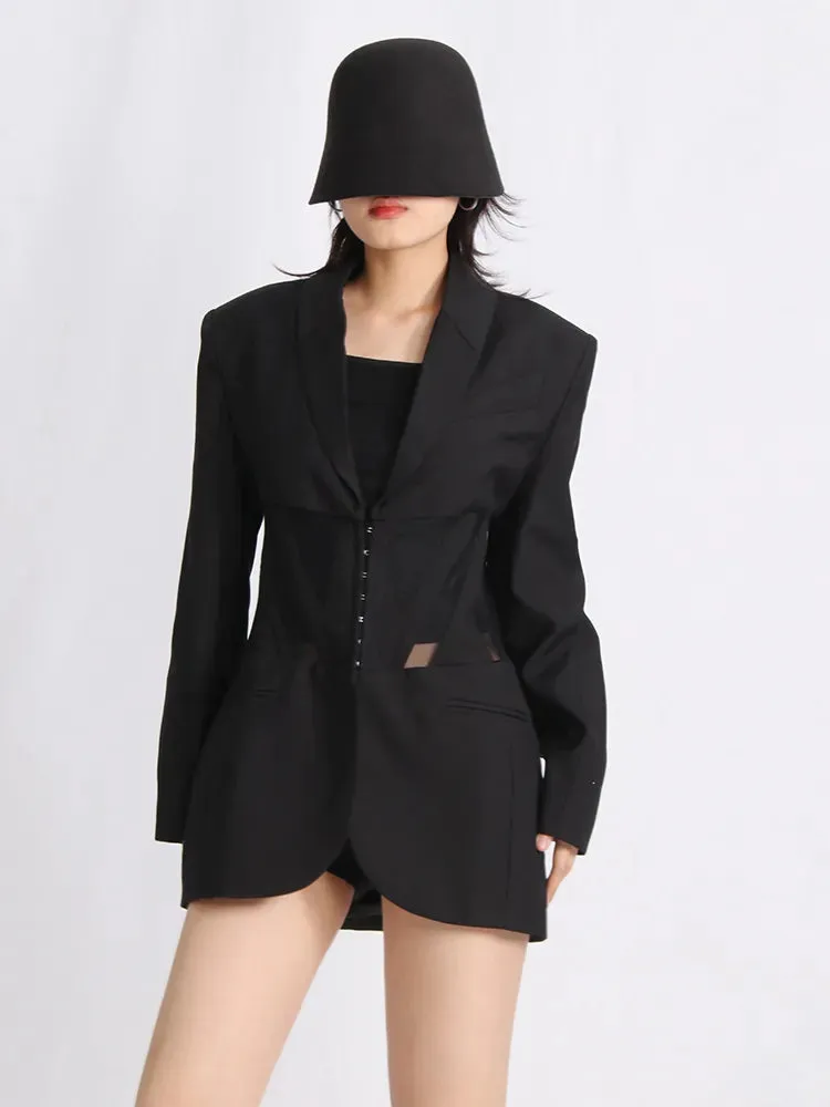 Patchwork Mesh Blazers For Women Notched Collar Long Sleeve Tunic Solid Slimming Sexy Blazer Female Fashion Clothes