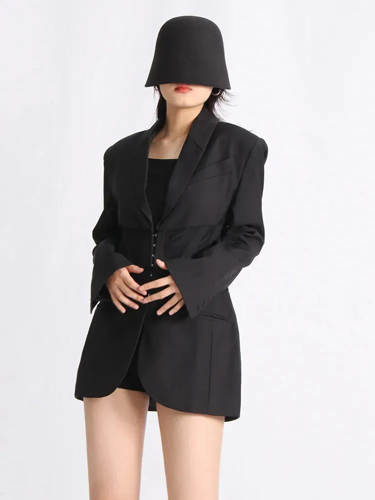 Patchwork Mesh Blazers For Women Notched Collar Long Sleeve Tunic Solid Slimming Sexy Blazer Female Fashion Clothes