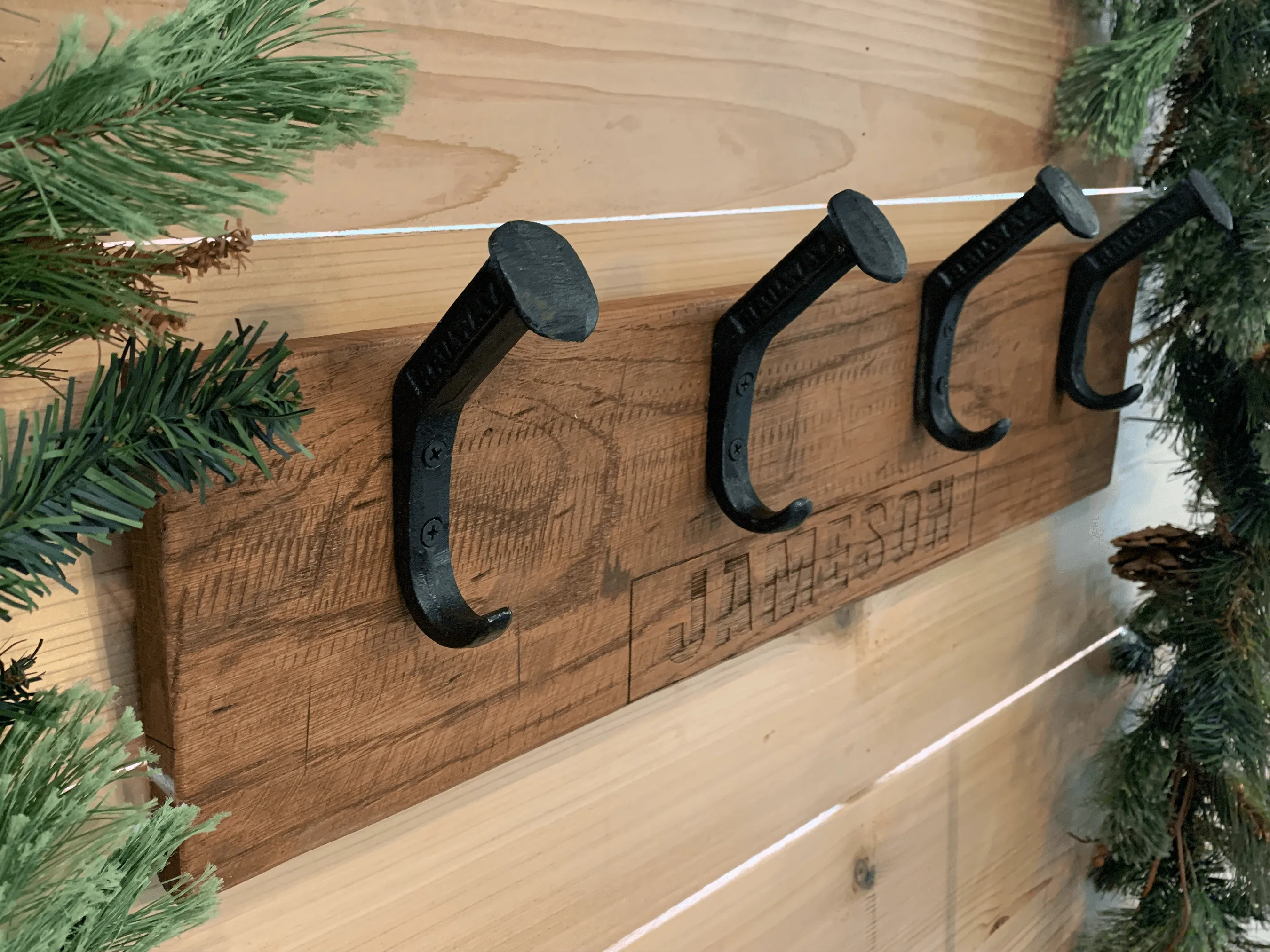 Personalized Rustic Wooden Wall Rack for Christmas Stockings - 4 Hooks