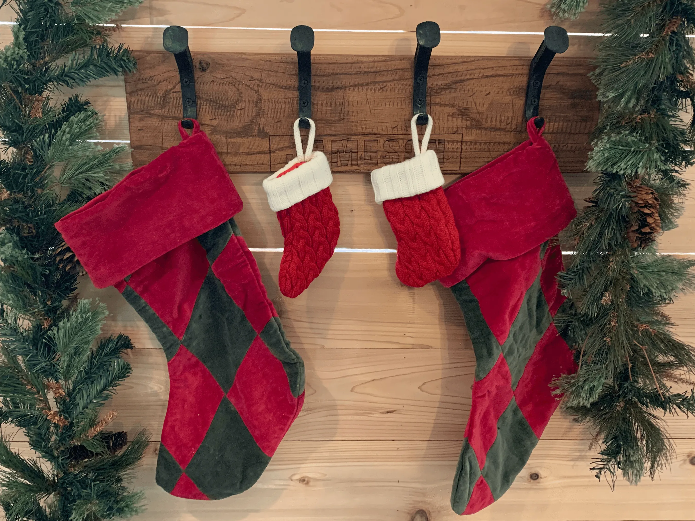 Personalized Rustic Wooden Wall Rack for Christmas Stockings - 4 Hooks