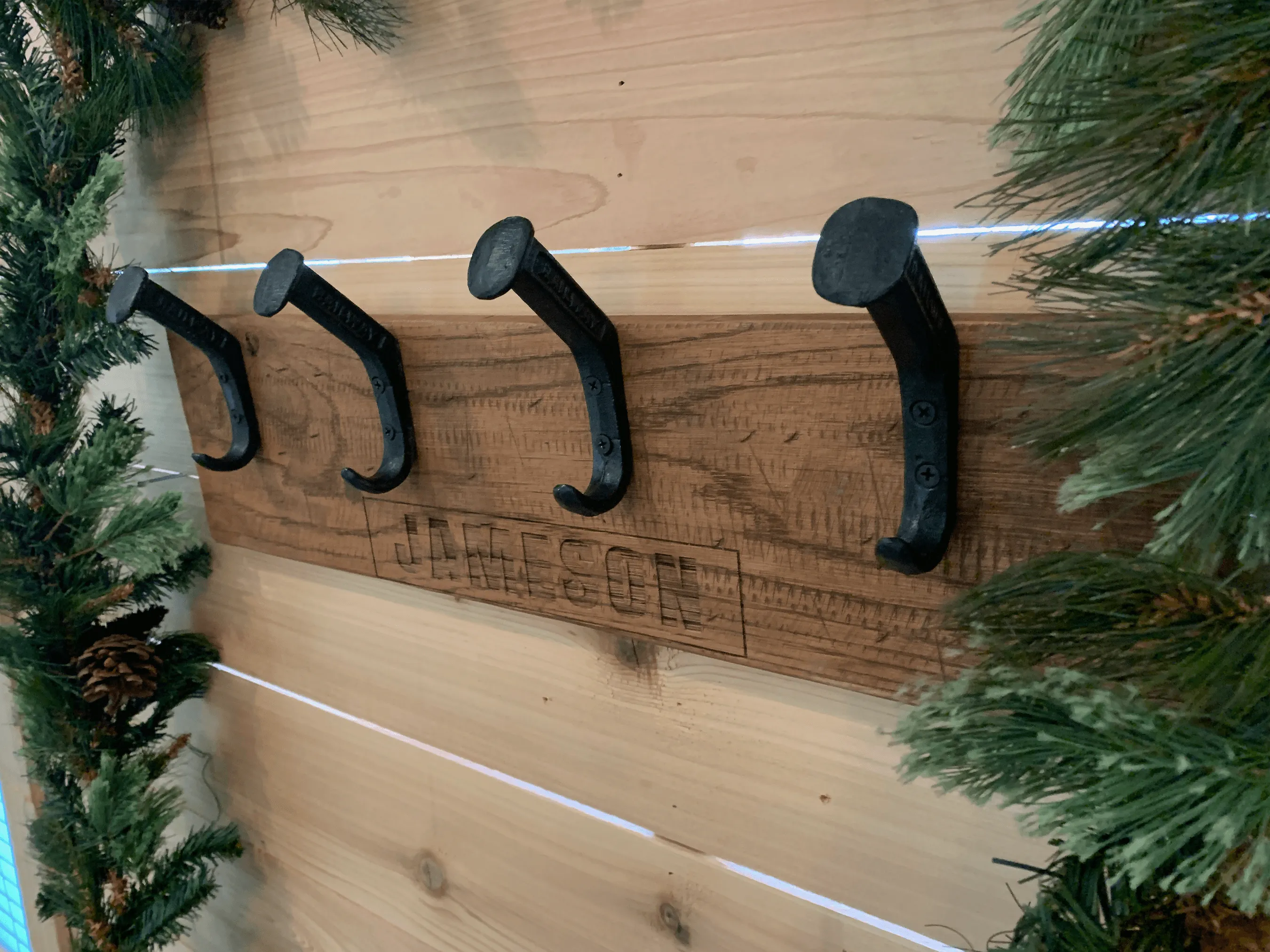 Personalized Rustic Wooden Wall Rack for Christmas Stockings - 4 Hooks