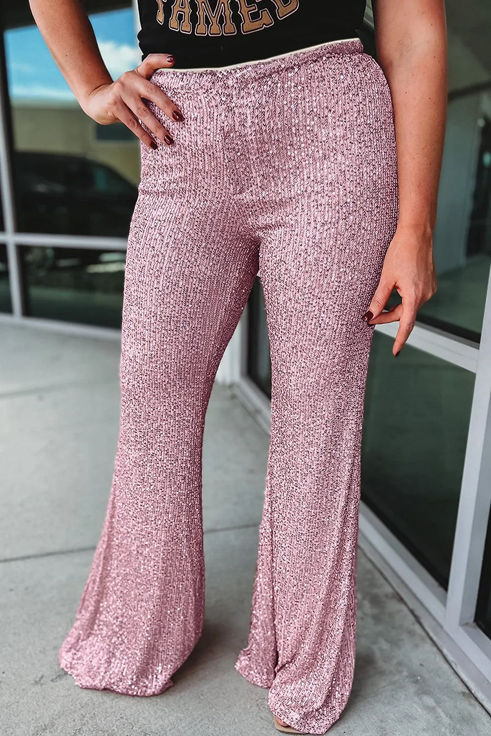 Plus Size Pink Shiny Sequin Flowy Flare Pants