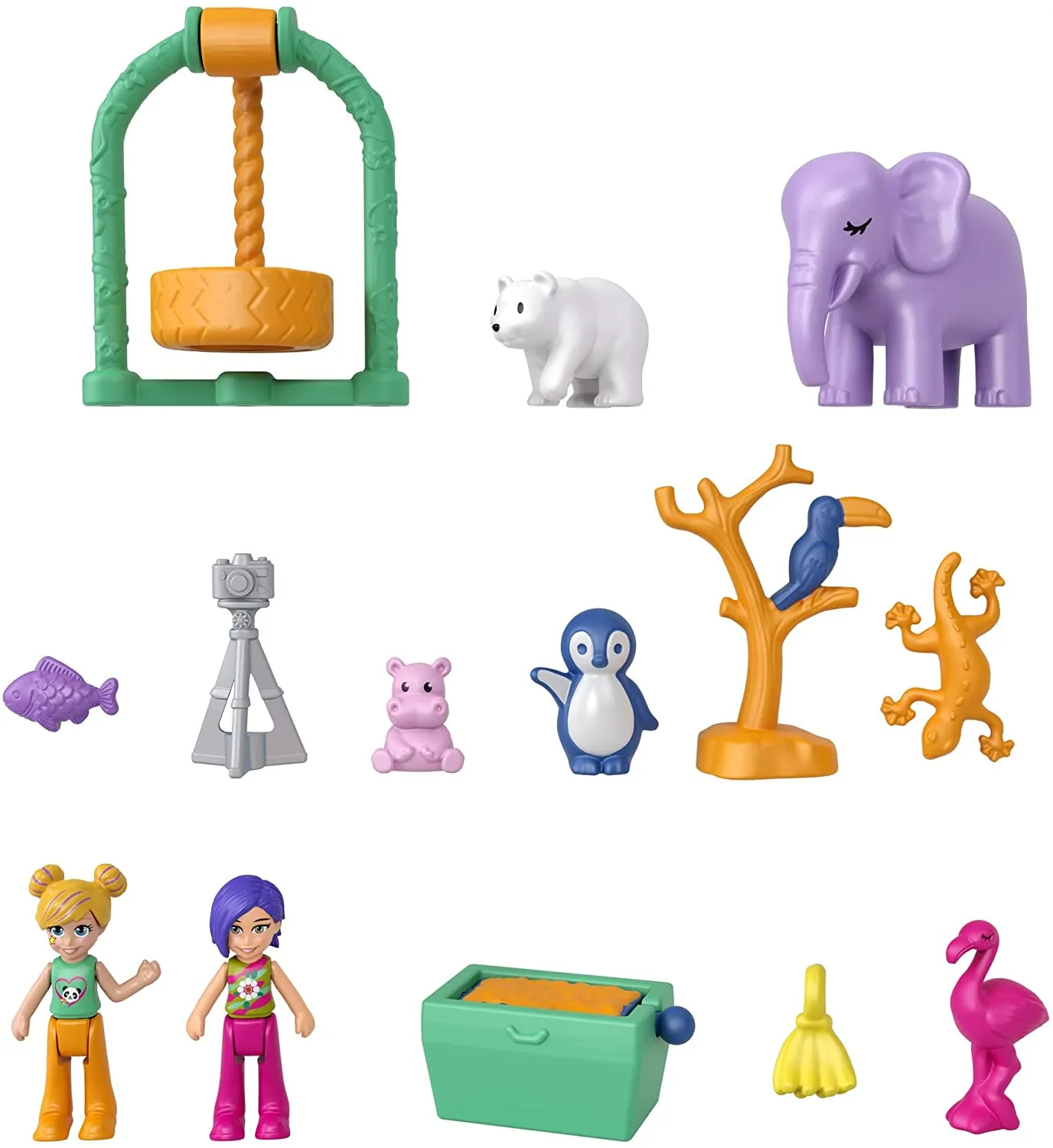 Polly Pocket Elephant Adventure Compact, Animal Theme with Micro Polly & Bella Dolls, 5 Reveals & 13 Related Accessories, Pop & Swap Feature