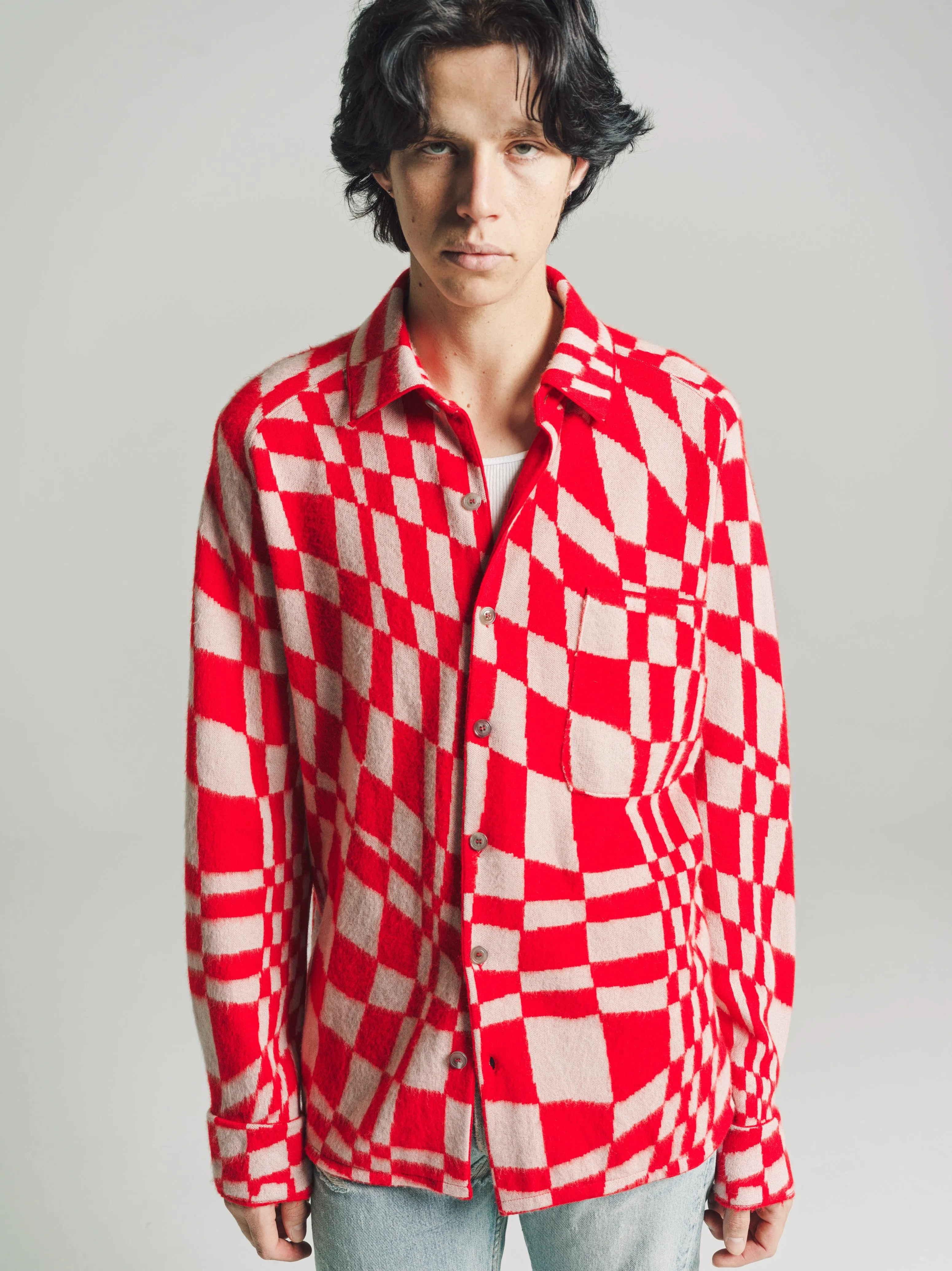 Red Check Cashmere & Silk Blend Brushed Shirt