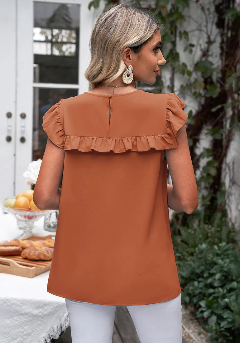 Rust Orange Sleeveless Blouses for Women Dressy Casual Ruffles Cap Sleeves Flowy Tank Tops Work Office