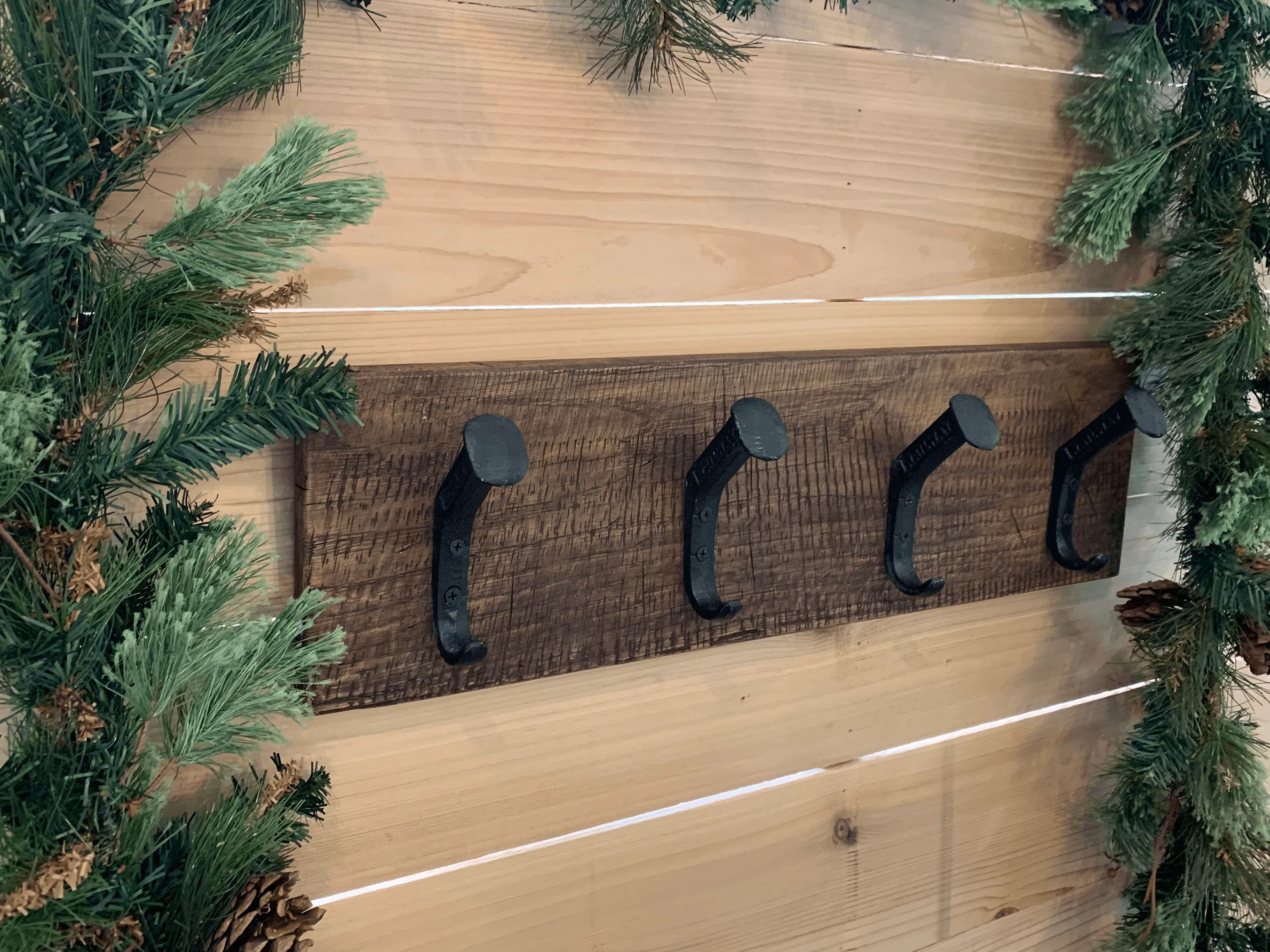 Rustic Farmhouse Christmas Stocking Wall Holder - 4 Hook - Dark Walnut