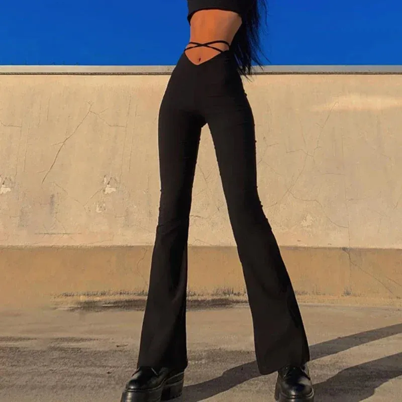 Sexy Flare Lace Up V Waist Long Y2k Winter Aesthetic Butt Lift Skinny Pants