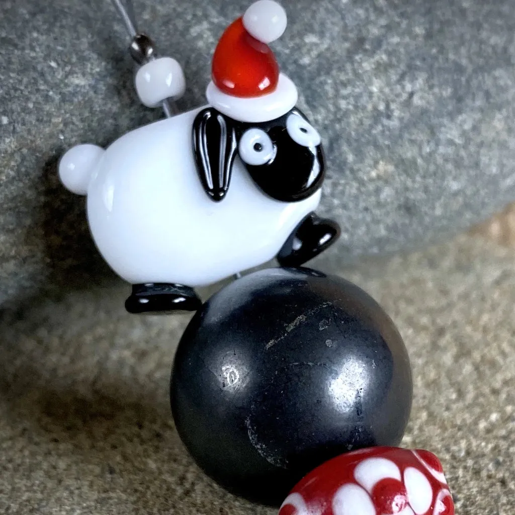 Sheep with Christmas Cap, Handcrafted Lampwork Bead Shungite Ornament