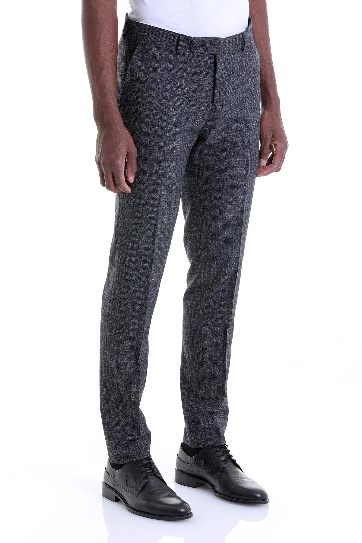 Slim Fit Plaid Navy Side Pocket Low Waist Dress Pants