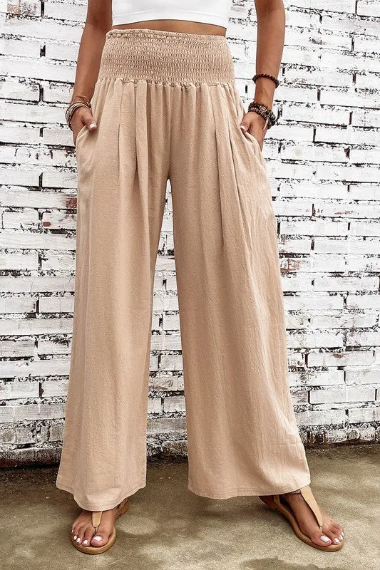 Smocked High Waist Wide Leg Pants with Flattering Waistband & Leg-elongating Design