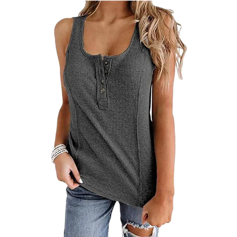 Solid Color Button Sleeveless Tank Top T Shirt Women