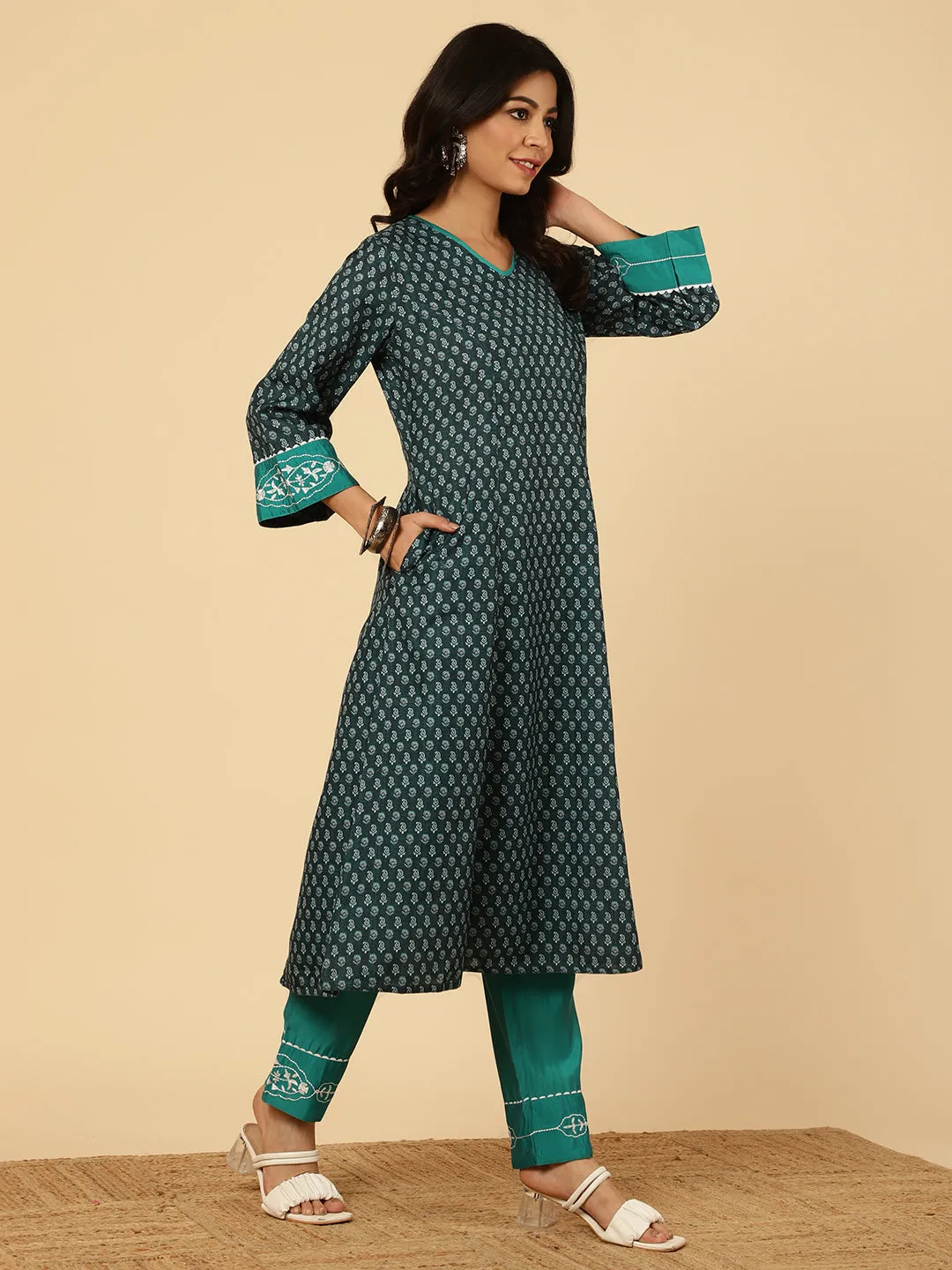 TEAL EMBROIDERED PAKISTANI KURTA WITH PANTS AND DUPATTA