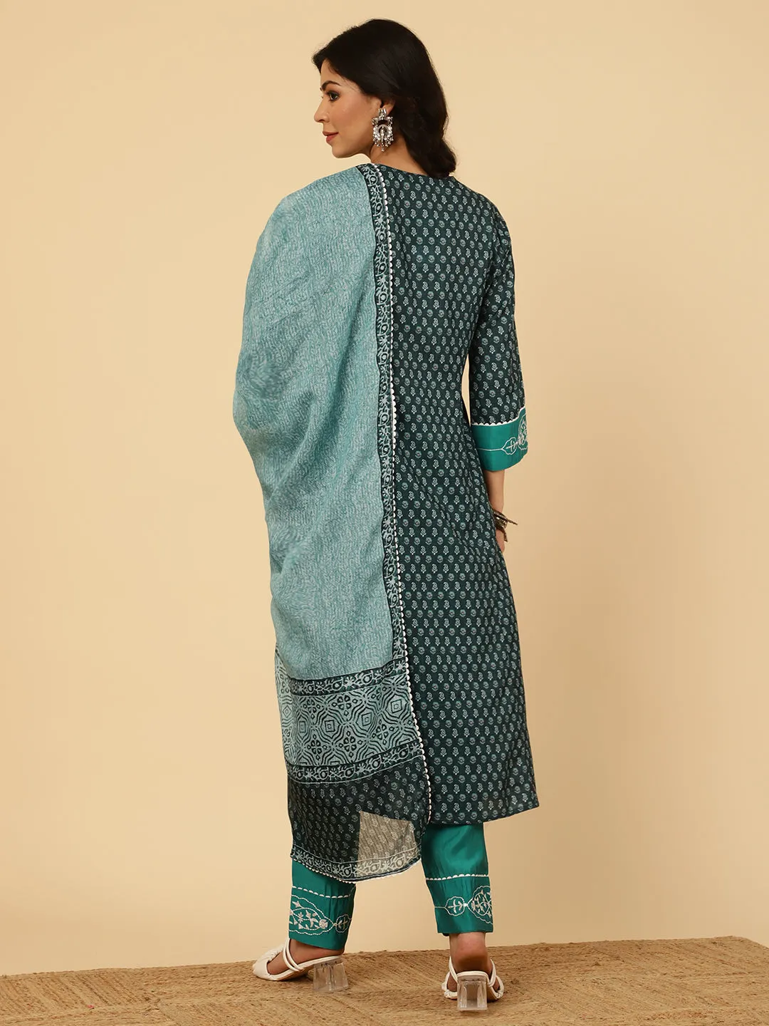 TEAL EMBROIDERED PAKISTANI KURTA WITH PANTS AND DUPATTA