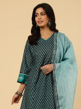 TEAL EMBROIDERED PAKISTANI KURTA WITH PANTS AND DUPATTA