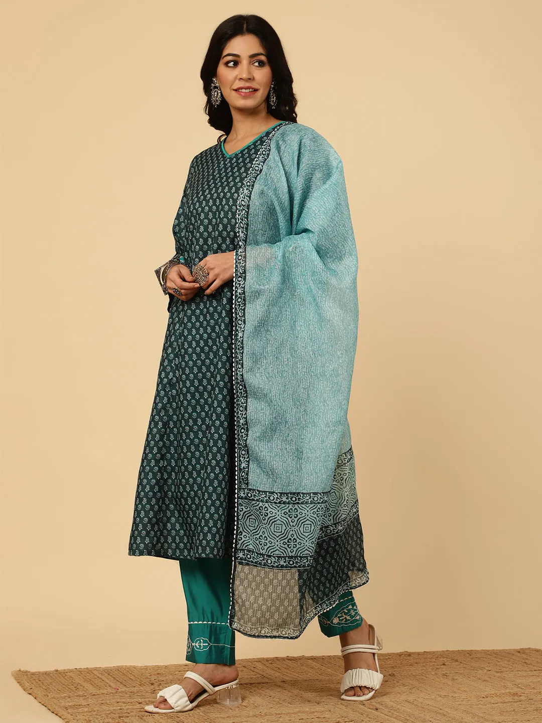 TEAL EMBROIDERED PAKISTANI KURTA WITH PANTS AND DUPATTA