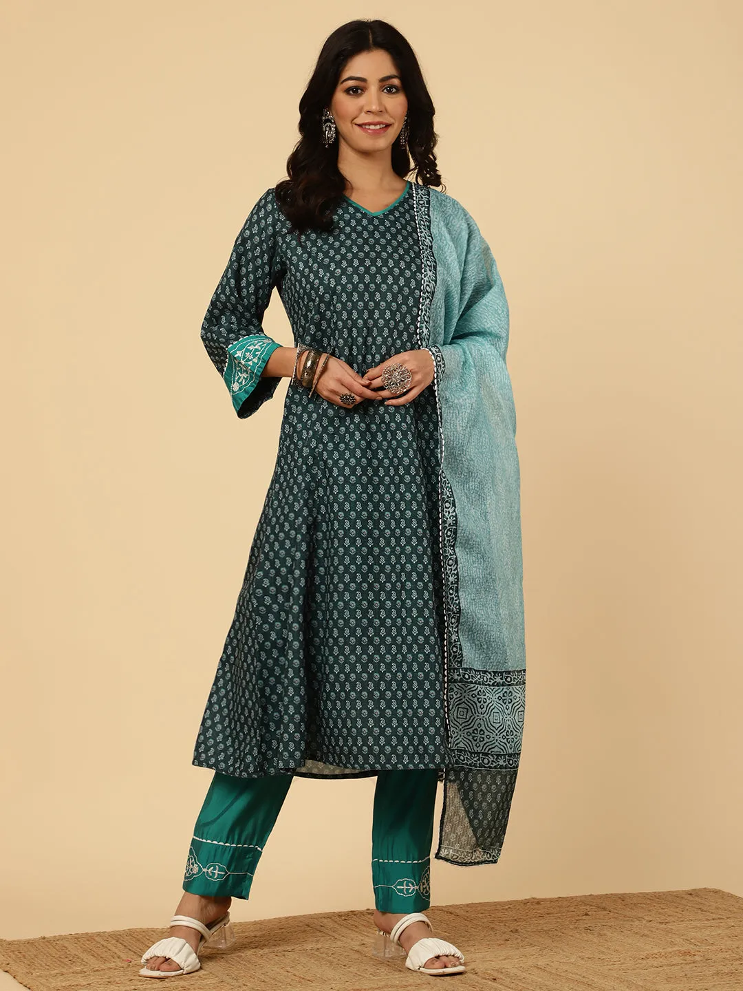 TEAL EMBROIDERED PAKISTANI KURTA WITH PANTS AND DUPATTA