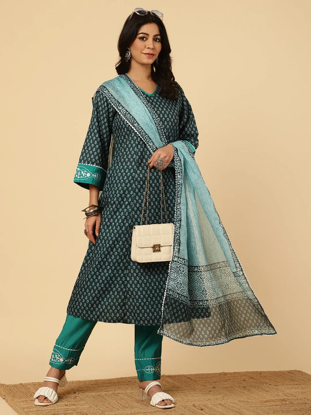 TEAL EMBROIDERED PAKISTANI KURTA WITH PANTS AND DUPATTA