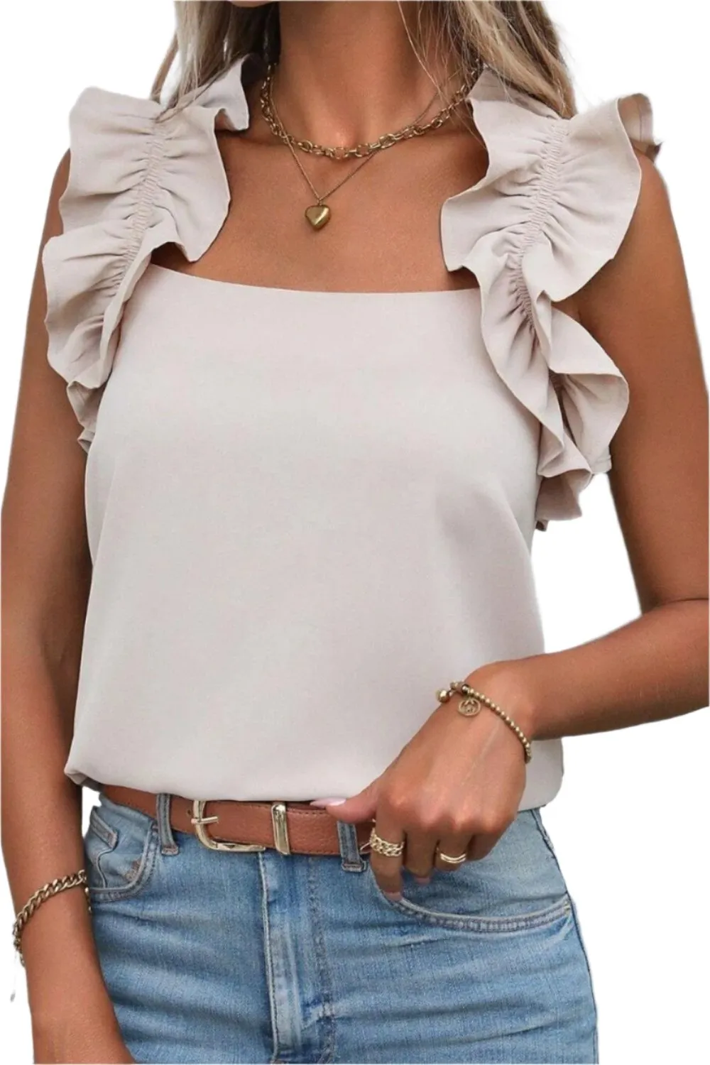 TEEK - Ivory Ruffled Square Neck Tank