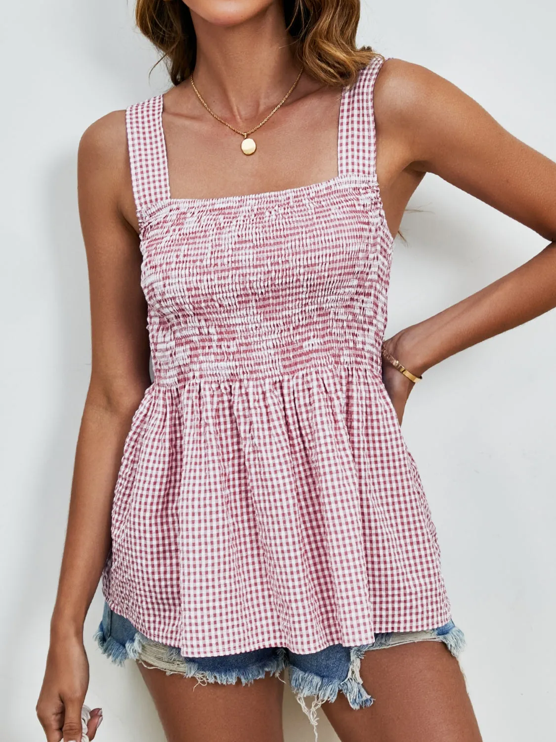 TEEK - Smocked Plaid Square Neck Tank