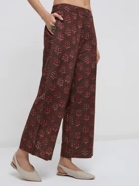 Utsa Brown Botanical Printed High-Rise Cotton Ethnic Pants