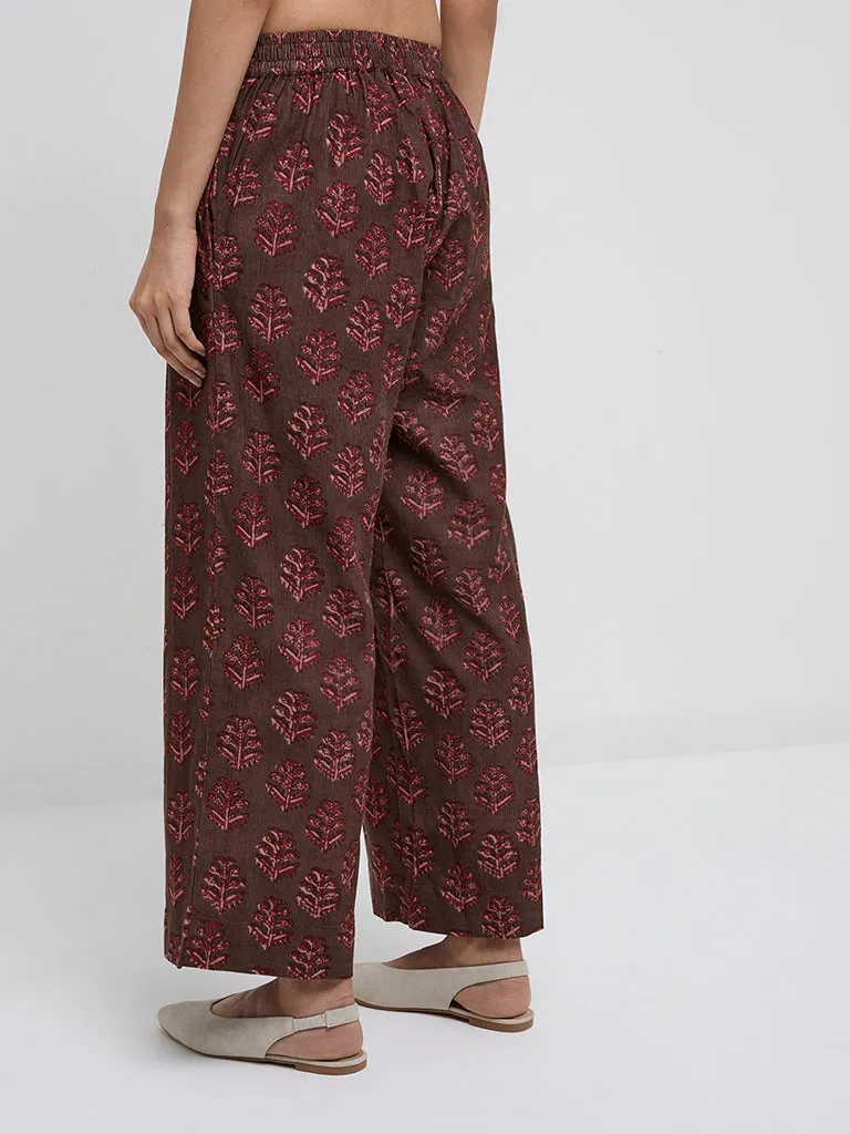 Utsa Brown Botanical Printed High-Rise Cotton Ethnic Pants