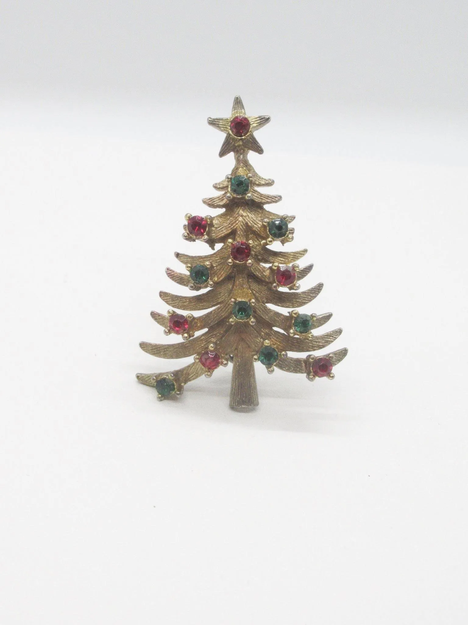 Vintage Christmas Tree Brooch with Green and Red Rhinestones