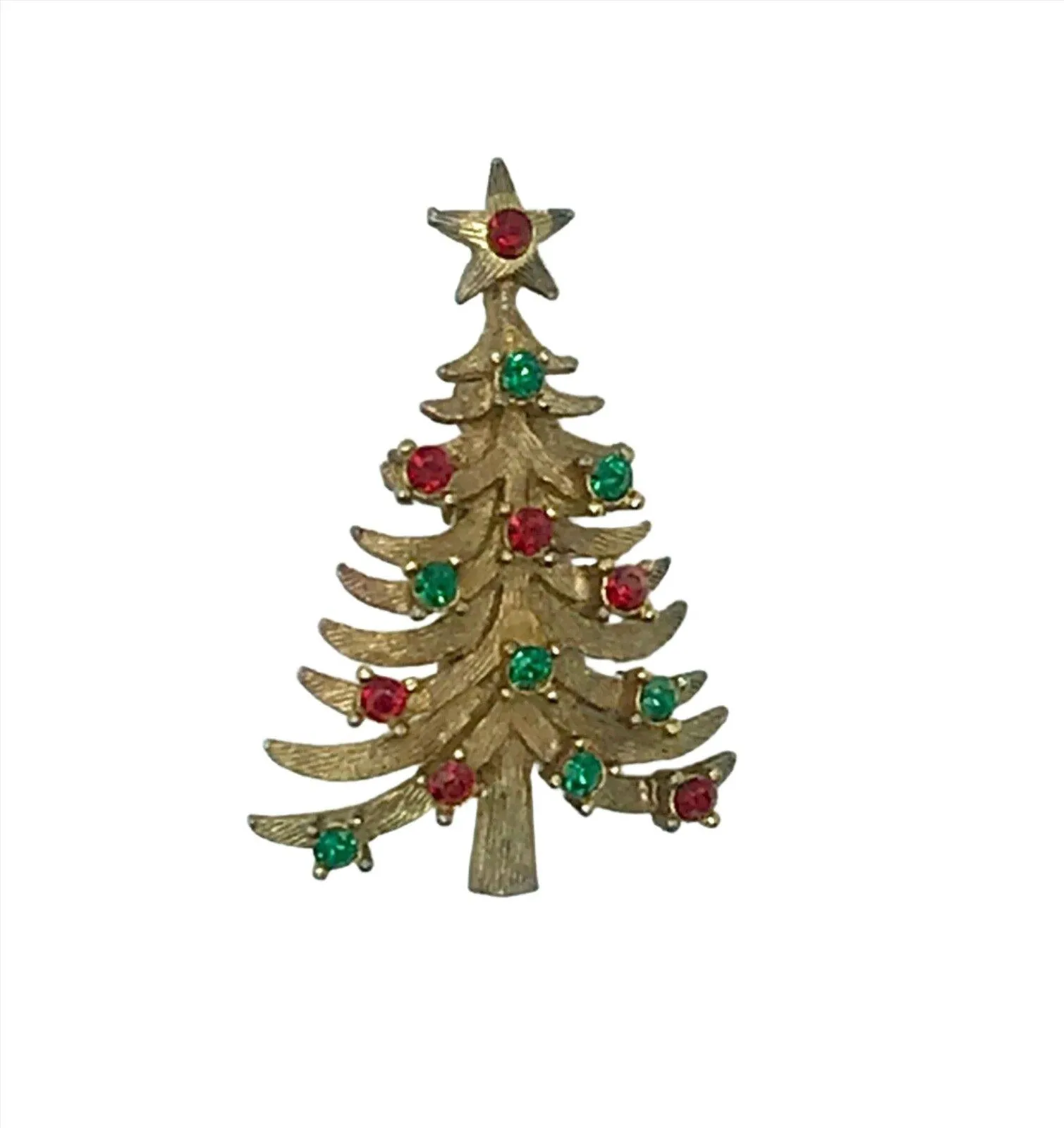 Vintage Christmas Tree Brooch with Green and Red Rhinestones