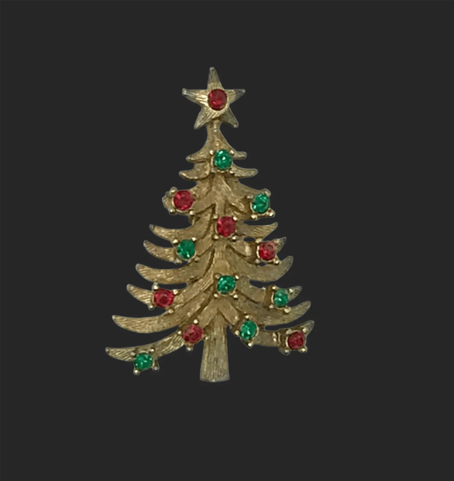 Vintage Christmas Tree Brooch with Green and Red Rhinestones