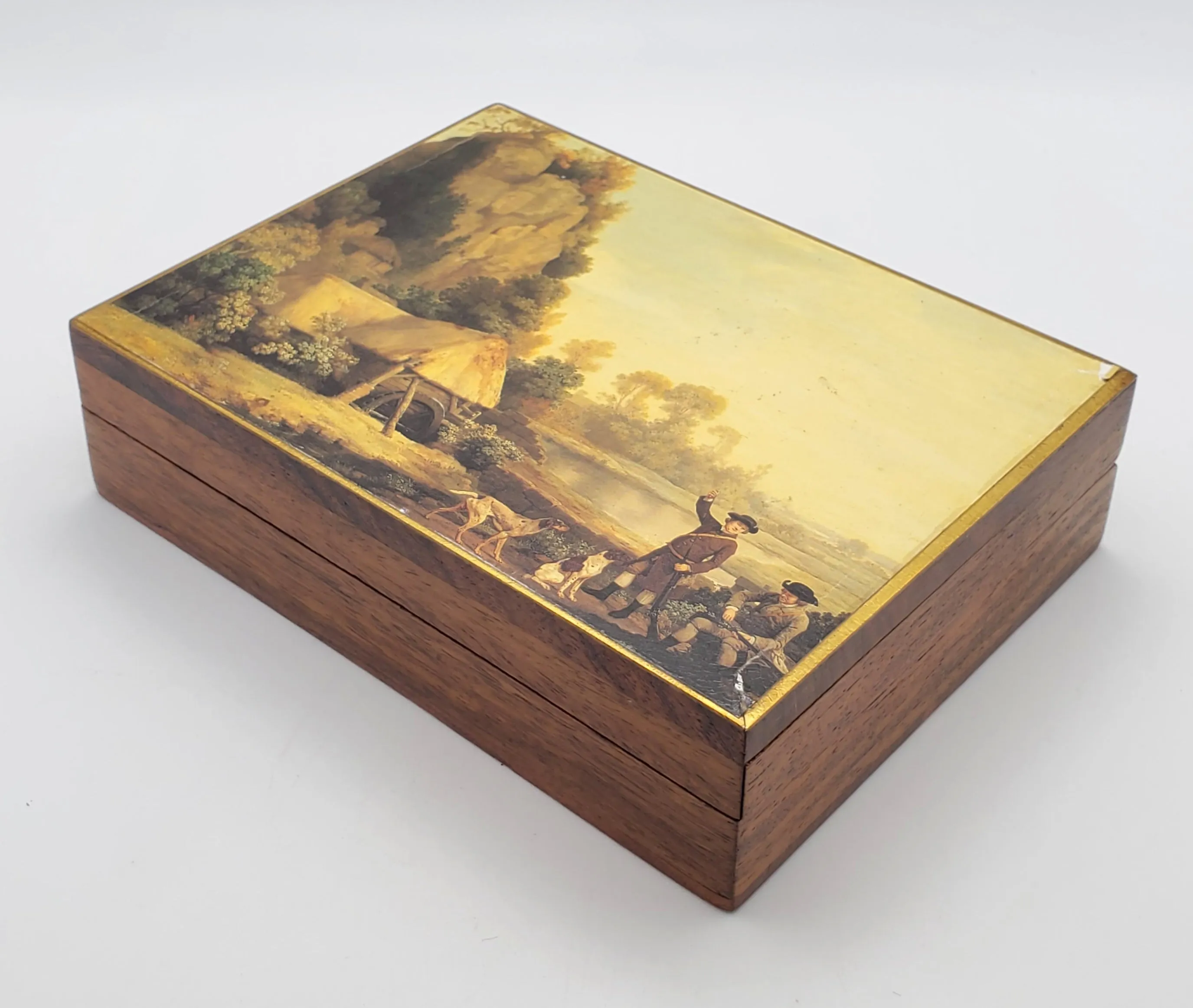 Vintage Hunting Scene Wood Jewelry Box