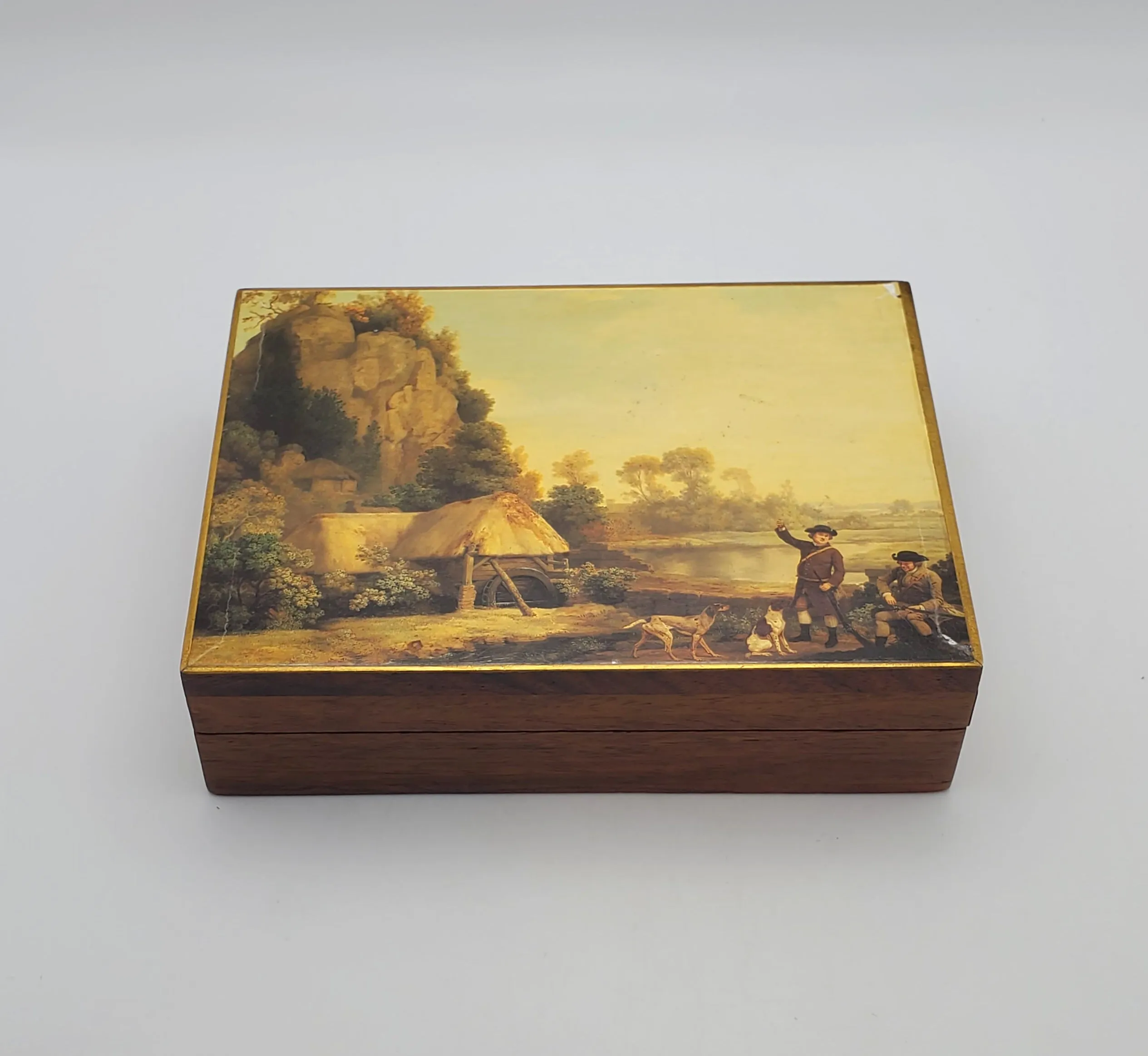 Vintage Hunting Scene Wood Jewelry Box